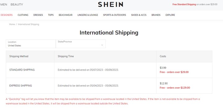 Shein's Shipping Method